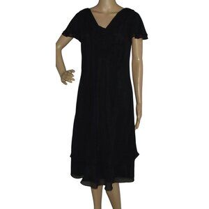 Liz Claiborne Dress Womens Sz 8 Black Drape Neck Flowy Midi Short Sleeve Elegant